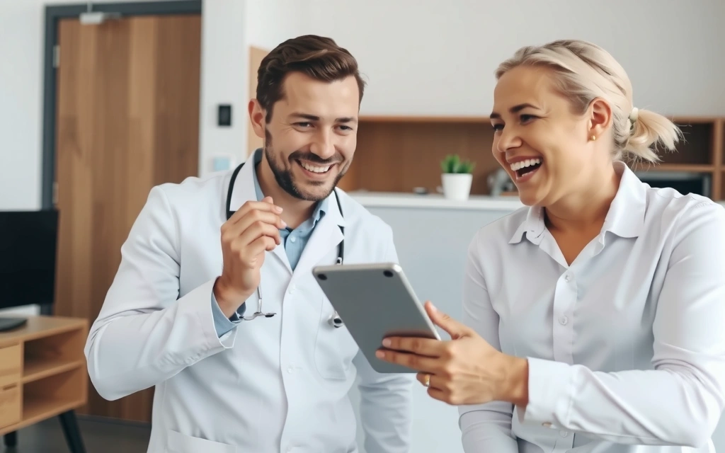 Ein lächelnder Arzt erklärt etwas einem Patienten