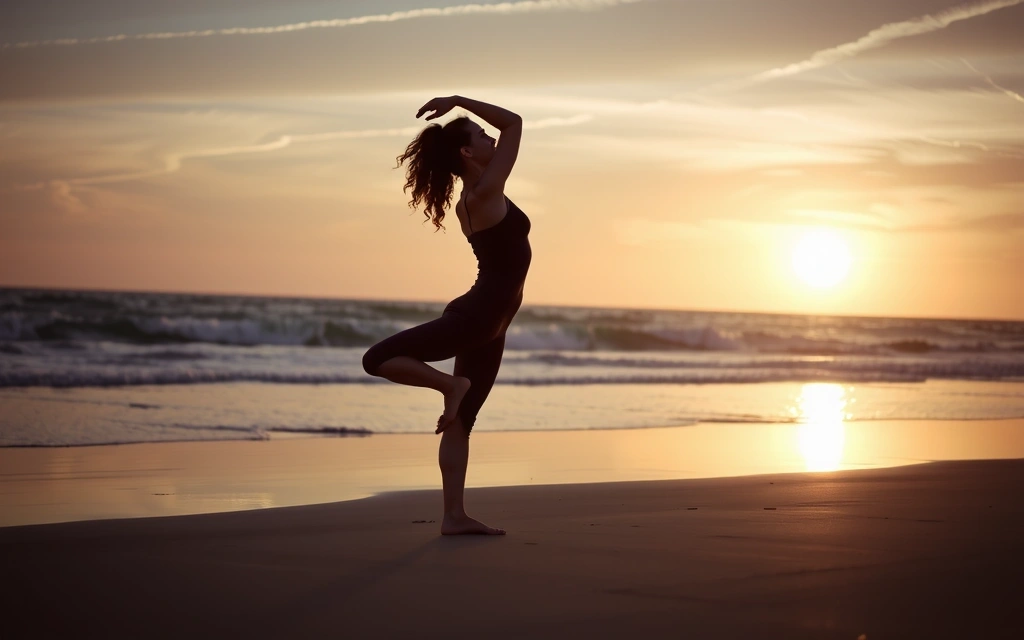Eine Frau macht Yoga am Strand bei Sonnenaufgang