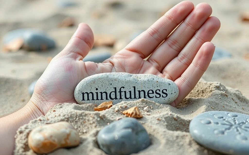 Eine Hand hält einen Stein mit dem Wort 'Achtsamkeit' im Sand