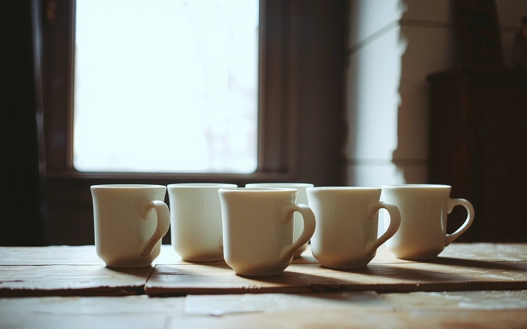 Eine Reihe von Teetassen auf einem Holztisch, die Ruhe und Achtsamkeit symbolisieren