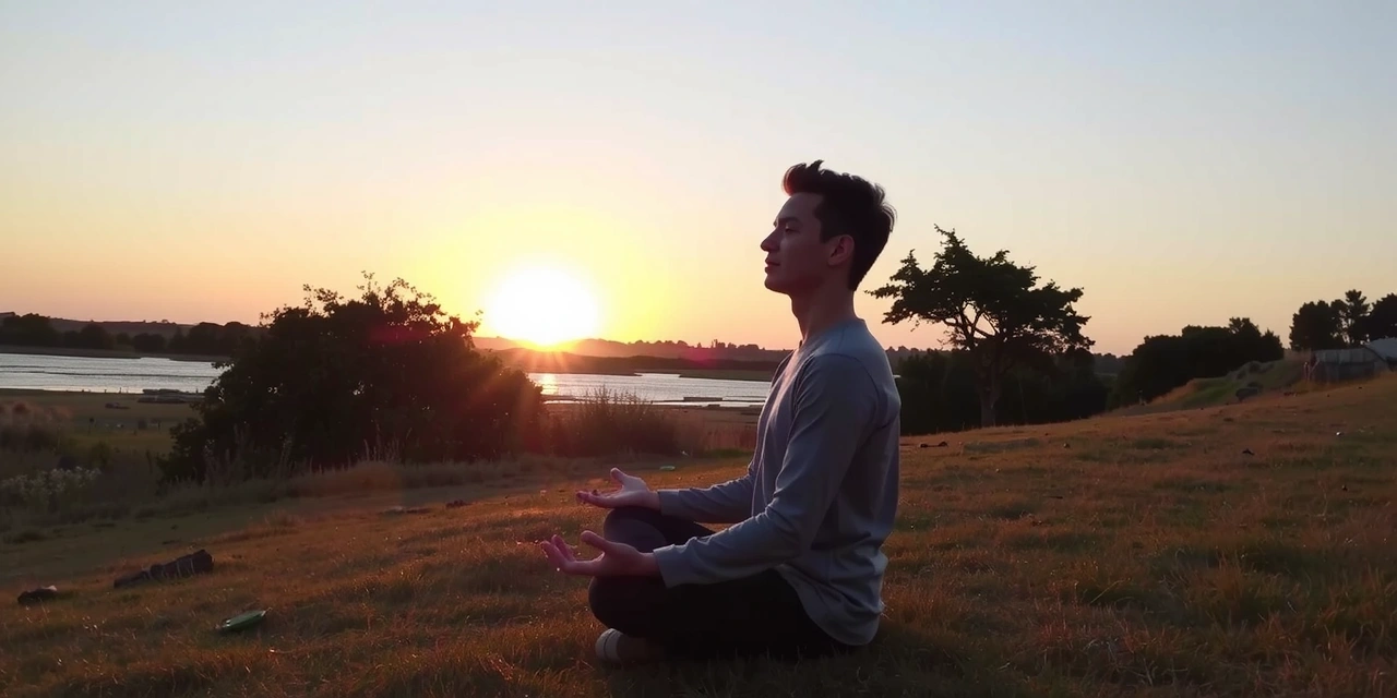 Eine Person meditiert friedlich in der Natur bei Sonnenuntergang