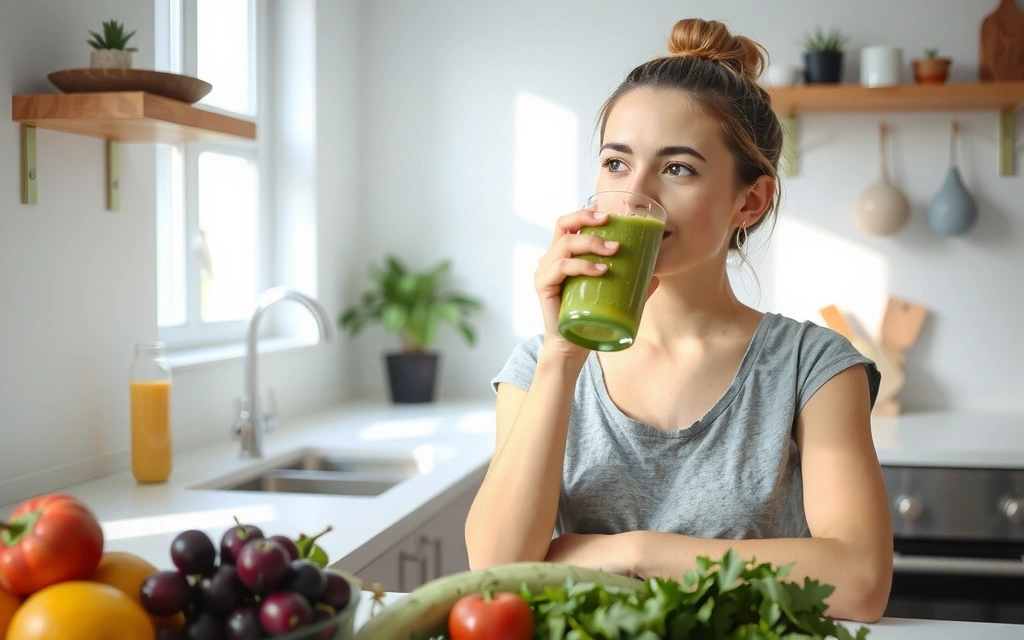 Eine Person trinkt grünen Smoothie in einer sonnigen Küche