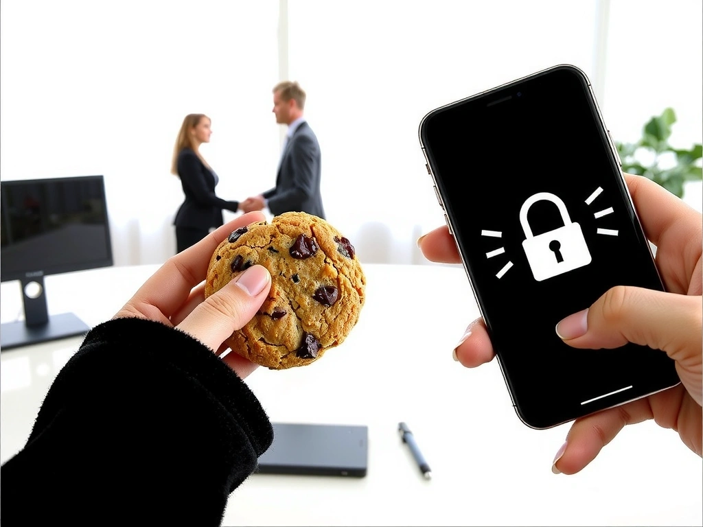Eine Hand hält einen Keks, während eine andere Hand ein Smartphone mit Cookie-Symbol hält.
