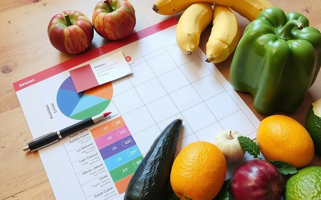 Ein bunter Ernährungsplan auf einem Tisch mit Stift und Notizen, daneben frische Früchte und Gemüse.