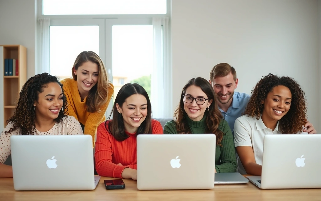 Eine Gruppe von Menschen, die an einem Online-Workshop auf Laptops teilnehmen, symbolisiert digitale Lernangebote.