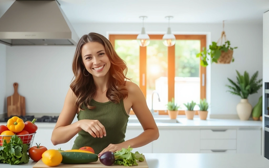 Eine lächelnde Frau, die frisches Gemüse in einer Küche zubereitet, symbolisiert gesunde Ernährung.