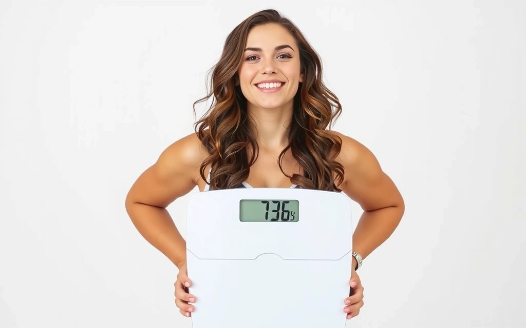 Eine junge Frau beim Wiegen auf einer Waage mit einem Lächeln, symbolisiert erfolgreiches Gewichtsmanagement.