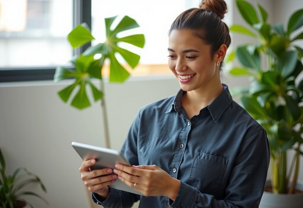 Eine Person, die eine E-Mail auf einem Tablet liest und lächelt, im Hintergrund ein stilisiertes Büro mit Pflanzen.