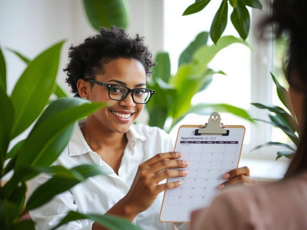 Eine Person betrachtet ihren Terminkalender mit einem Lächeln, umgeben von grünen Pflanzen, symbolisierend Wohlbefinden und Organisation.